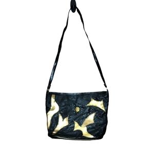 Vintage Women's Purse Black Gold Shoulder Bag Zip Top Faux Leather